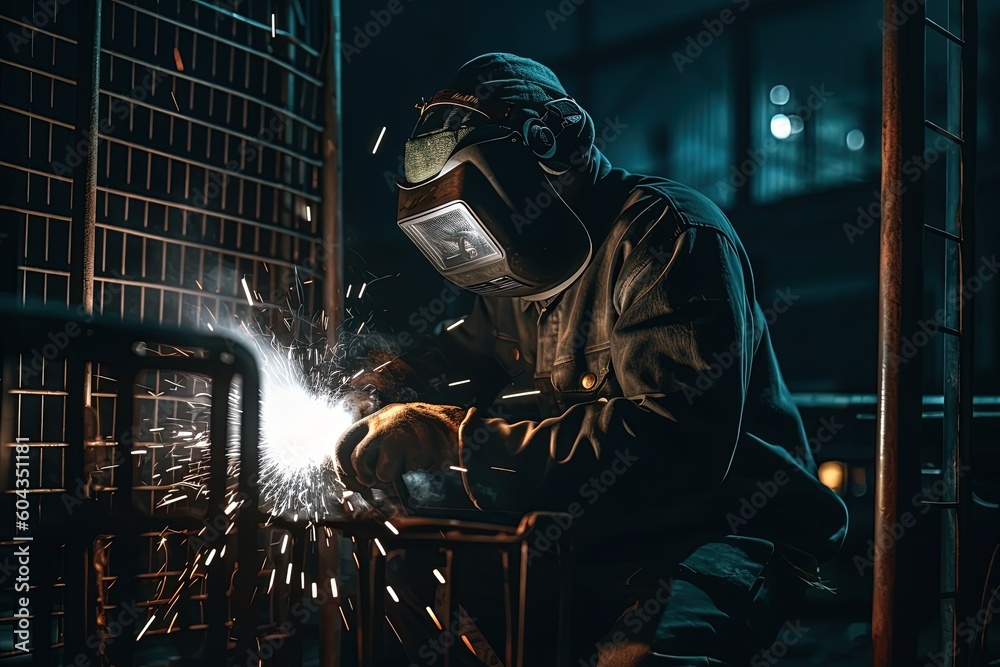 Closeup welding steel by MIG/MAG weld (Argon welding) in industrial factory. Generative AI Closeup welding steel by MIG/MAG weld (Argon welding) in industrial factory. Generative AI