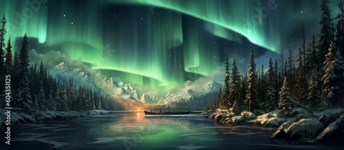 Aurora Borealis Spectacle: Mesmerizing Landscape Illuminated by the Radiant Northern Lights. Generative AI.