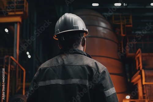 The worker is wearing a protective helmet and stand of a steel factory look at the manufacturing process, rear view on the head. Generative AI © Tamara