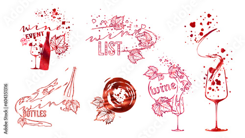 Wine Designs - Collection of wine glasses and bottles. Hand drawn elements for invitation cards, advertising banners and menus. Wine glasses with splashing wine. Sketch vector illustration.