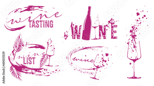 Wine Designs - Collection of wine glasses and bottles. Hand drawn elements for invitation cards, advertising banners and menus. Wine glasses with splashing wine. Sketch vector illustration.
