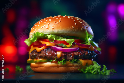 cheeseburger in vibrant neon background. generative AI