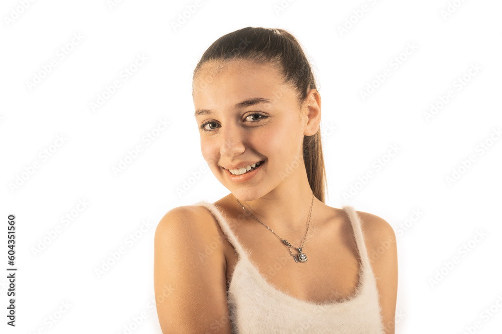 Smiley girl in white wooly top isolated Smiley girl in white wooly top isolated