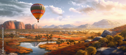 Hot air balloon flying over a serene and tranquil landscape. Generative AI
