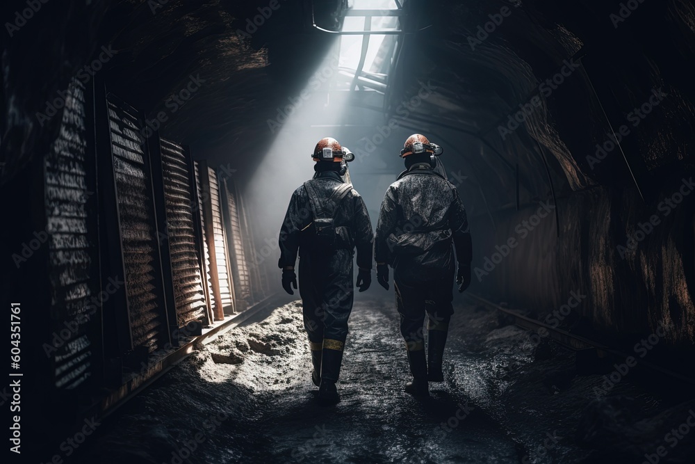 Coal miners walking through the tunnel in a mine. Generative AI Coal miners walking through the tunnel in a mine. Generative AI