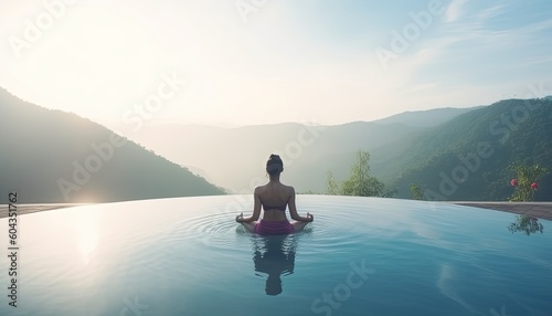 Woman practice yoga Lotus pose on the pool above the Mountain peak in the morning in front of beautiful nature views. Generative Ai