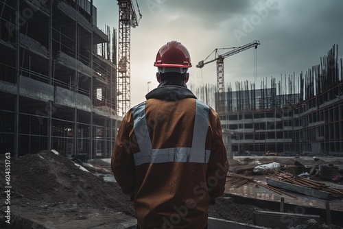 construction worker wearing a protective helmet and stand and look at the of building industry construction site, generative ai