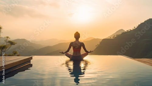 Woman practice yoga Lotus pose on the pool above the Mountain peak in the morning in front of beautiful nature views. Generative Ai