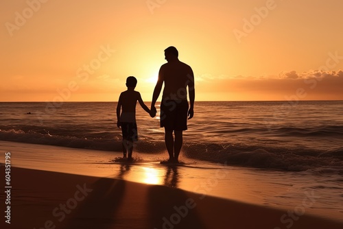 Silhouettes of father and son on sunset sea background. Generative AI © Tamara
