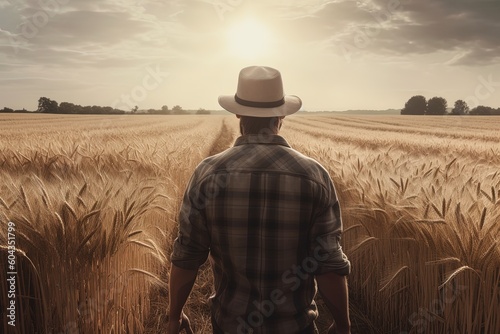 Farmer looking in the wheat field  a view from the back. Generative AI