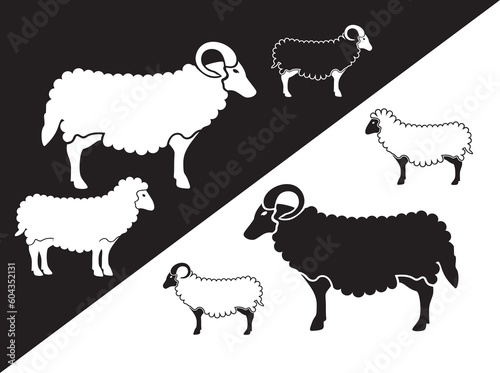 sheep icon vector, black and white image. ewe and ram silhouette.