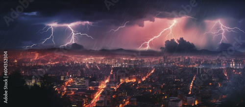 Lightning flashing over a city in the evening. Surreal glow of the thunderstorm. Generative AI.