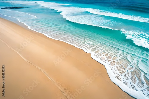 Ocean waves on the beach as a background. Beautiful natural summer vacation holidays background. Aerial top down view of beach and sea with blue water waves Generative Ai technology photo