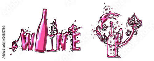 Wine Designs - Collection of wine glasses and bottles. Hand drawn elements for invitation cards, advertising banners and menus. Wine glasses with splashing wine. Sketch vector illustration.