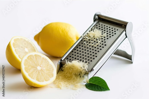 microplane grater with a zested lemon on white background photo