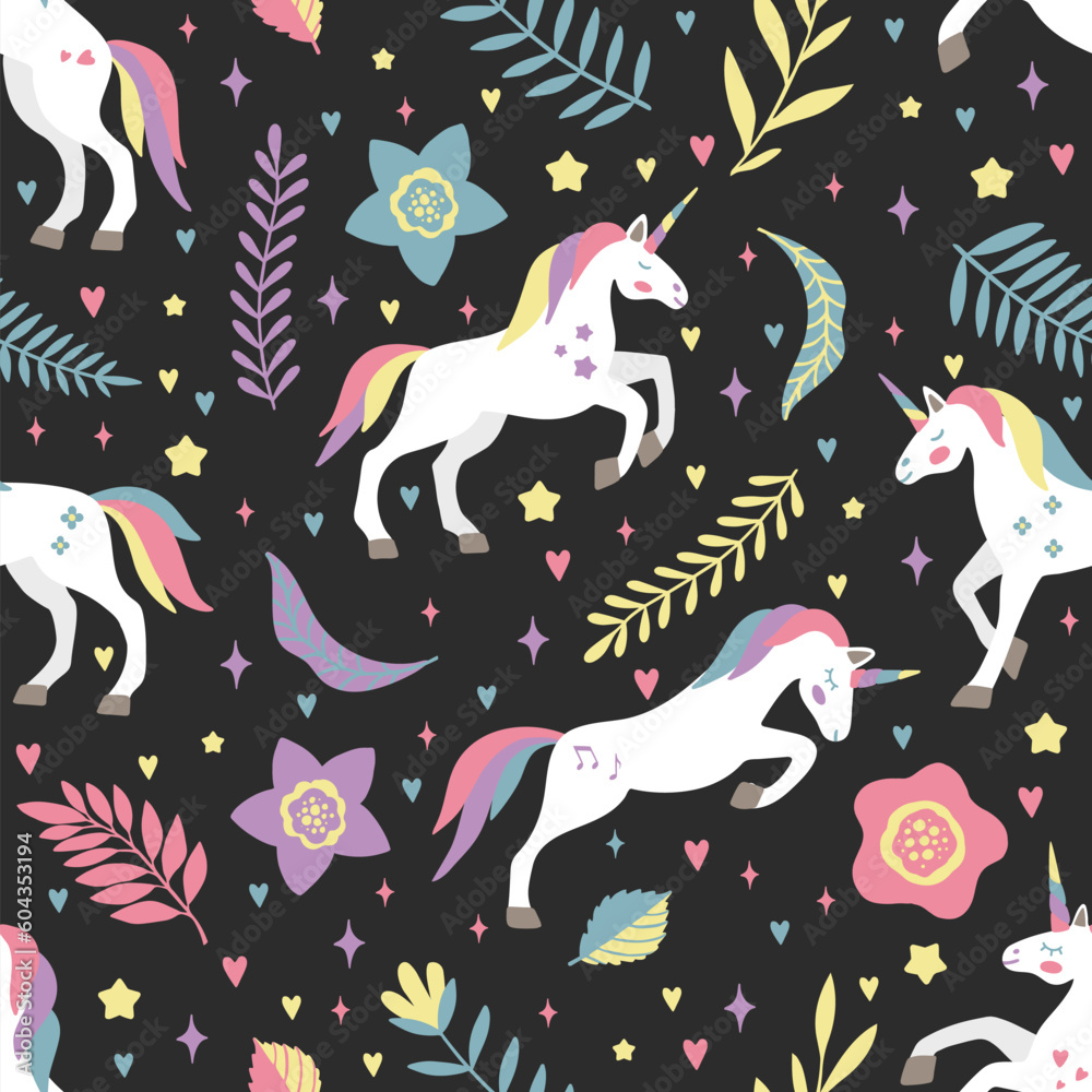Seamless vector pattern with cute unicorns on a floral background. Ideal for textiles, wallpapers or prints. Seamless vector pattern with cute unicorns on a floral background. Ideal for textiles, wallpapers or prints.