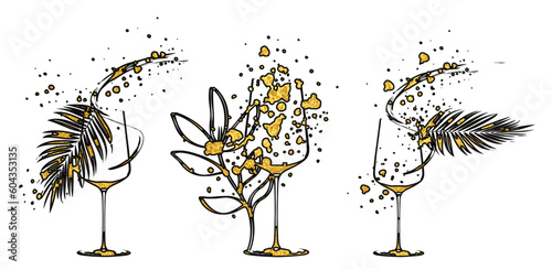 Wine Designs - Collection of wine glasses and bottles. Hand drawn elements for invitation cards, advertising banners and menus. Wine glasses with splashing wine. Sketch vector illustration.