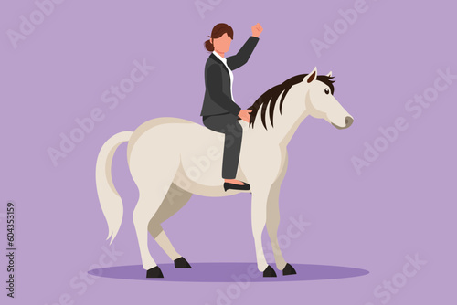 Cartoon flat style drawing businesswoman riding horse symbol of success. Business metaphor, looking at the goal, achievement, leadership. Professional entrepreneur. Graphic design vector illustration