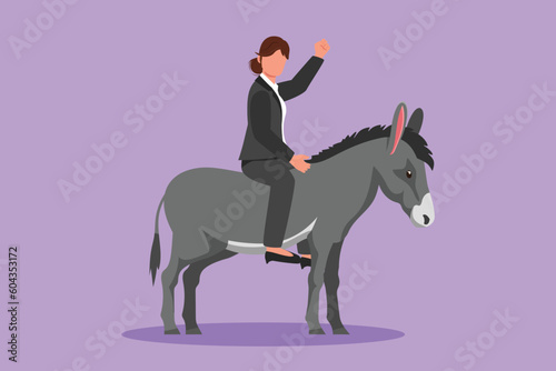 Cartoon flat style drawing young businesswoman riding donkey. Business woman rides donkey. Driving donkey. Goal achievement concept. Business metaphor, competition. Graphic design vector illustration
