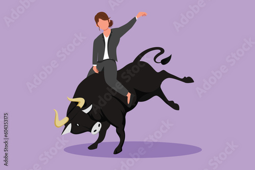Graphic flat design drawing businesswoman riding rodeo bull. Investment, bullish stock market trading, rising bonds trend. Successful business woman or female trader. Cartoon style vector illustration