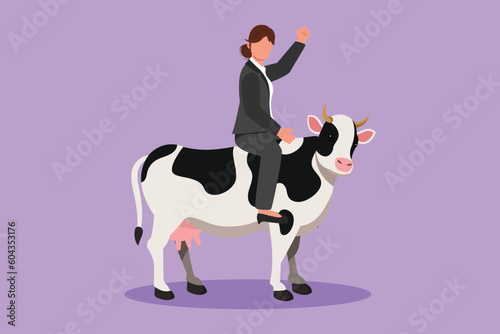 Cartoon flat style drawing of businesswoman riding cow symbol of success. Business metaphor, looking at the goal, achievement, leadership. Professional entrepreneur. Graphic design vector illustration