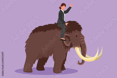 Graphic flat design drawing of businesswoman riding huge dangerous mammoth. Professional entrepreneur female character. Successful business woman. Business metaphor. Cartoon style vector illustration