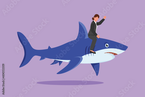 Character flat drawing of brave businesswoman riding huge dangerous shark. Professional entrepreneur female character. Successful business woman. Business metaphor. Cartoon design vector illustration