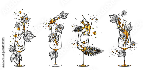 Wine Designs - Collection of wine glasses and bottles. Hand drawn elements for invitation cards, advertising banners and menus. Wine glasses with splashing wine. Sketch vector illustration.