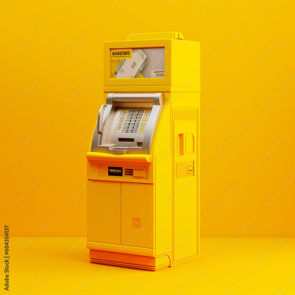 ATM machine on a yellow background. Generative AI. ATM machine on a yellow background. Generative AI.