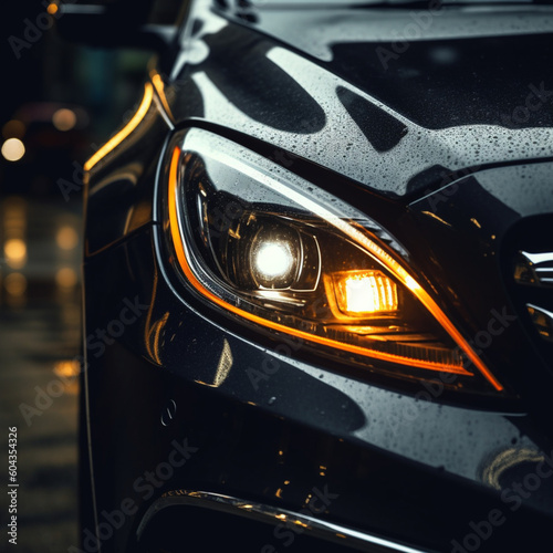 Car headlight on at night. Generative AI.