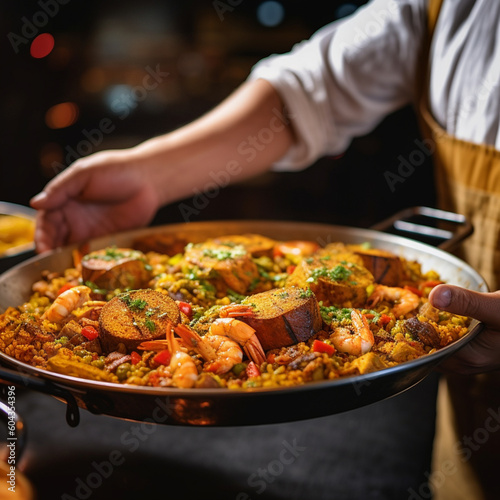 Waiter with a plate of Spanish paella. Generative AI.