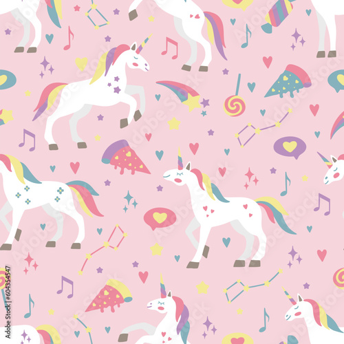Seamless background with unicorns. Perfect for kids design, fabric, packaging, wallpaper, textile, apparel