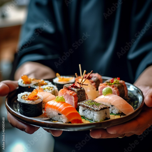 Waiter with a plate of sushi. Generative AI.
