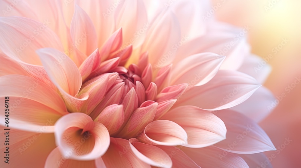  Dahlia in pale pink background, close-up of dahlia bloom, blurred focus. Luxury dreamy background. Generative AI.