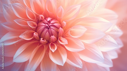  Dahlia in pale pink background, close-up of dahlia bloom, blurred focus. Luxury dreamy background. Generative AI.