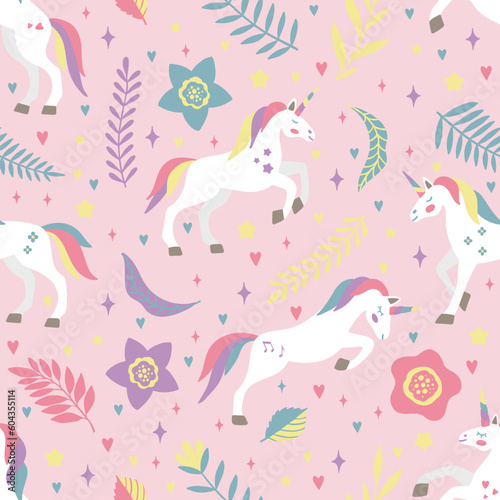 Seamless vector pattern with cute unicorns on a floral background. Ideal for textiles  wallpapers or prints.