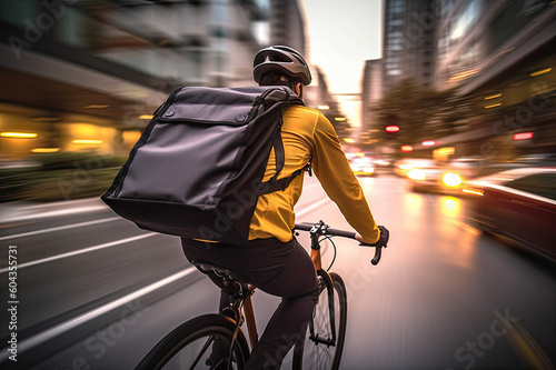 Urban Express: Delivery Rider Cycling Through the City with Backpack, created with Generative AI