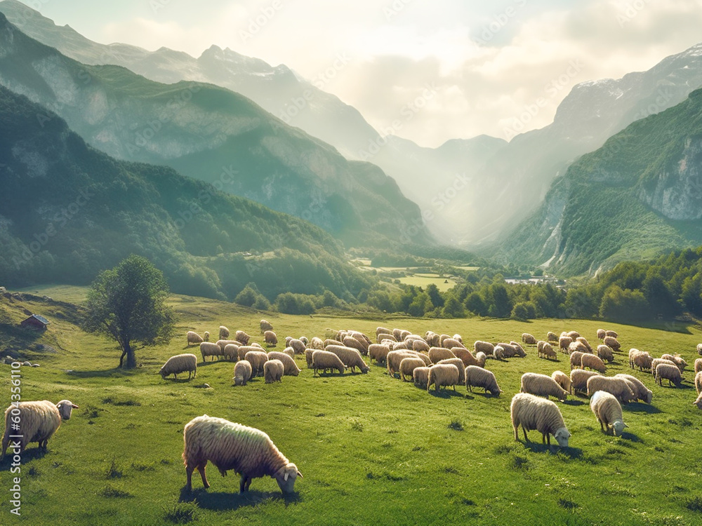 Flock of sheep grazing on green pasture in mountains. Landscape of sheep herd eating grass during bright summer day with high mountains in background. Generative AI