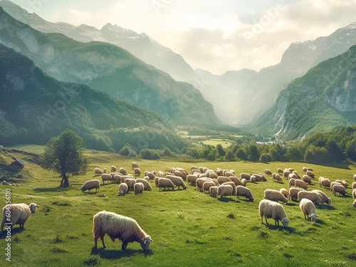 Flock of sheep grazing on green pasture in mountains. Landscape of sheep herd eating grass during bright summer day with high mountains in background. Generative AI