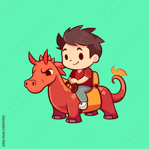 Cartoon vector of a little boy riding a dinosaur dragon with a happy expression, in a flat style