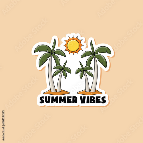 Colorful hand drawn summer vibes sticker with palm tree and sun