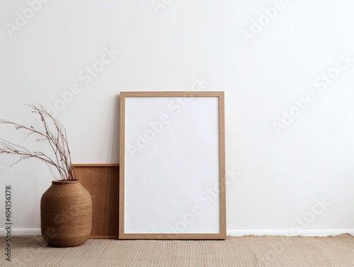 Breakfast still life scene, empty picture frame mockup on wooden desk, table. Elegant working space, home office concept. Scandinavian interior design. Room in sunlight.