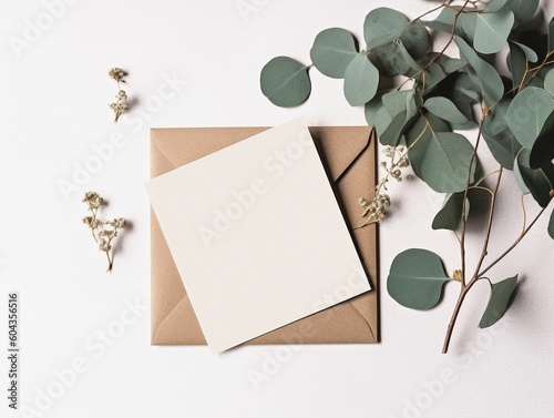 Feminine wedding, birthday stationery composition. Blank greeting card, invitation mockup with craft envelope. Green Eucalyptus populus branches. White table background. Flat lay, top view.