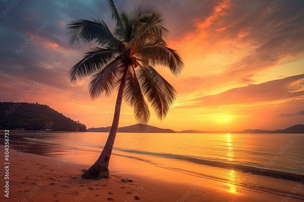 Tropical palm tree on beach at sunset (Ai generated)