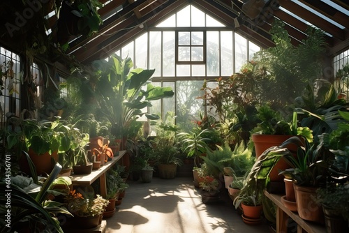 Sunlit greenhouse filled with tropical plant (Ai generated)