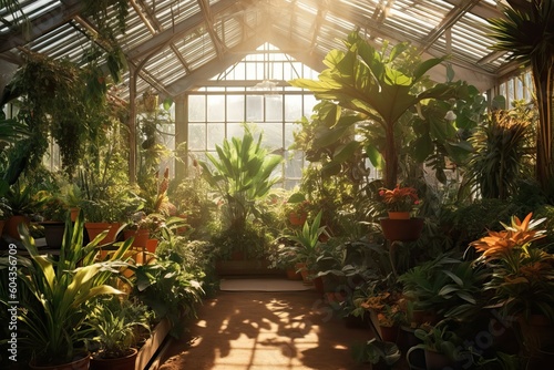 Sunlit greenhouse filled with tropical plant (Ai generated) © thesweetsheep