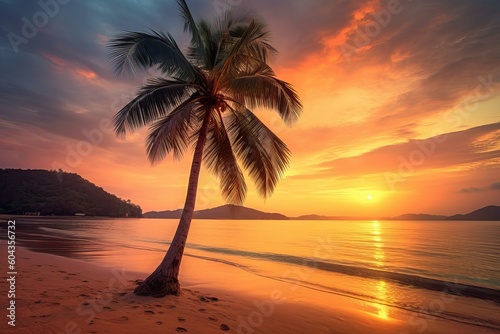 Tropical palm tree on beach at sunset (Ai generated)