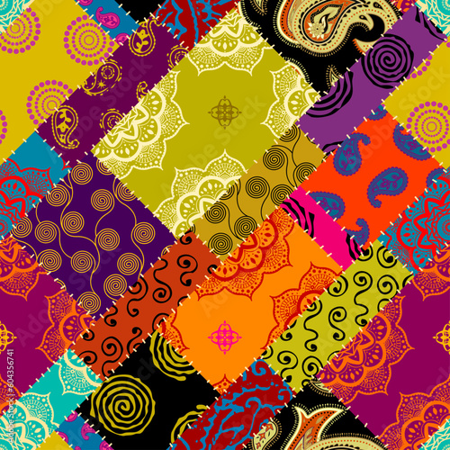 Textille patchwork pattern. Seamless Vector image. Bright tribal patchwork.