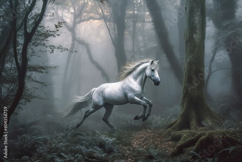 Horse gallop through a misty forest (Ai generated)