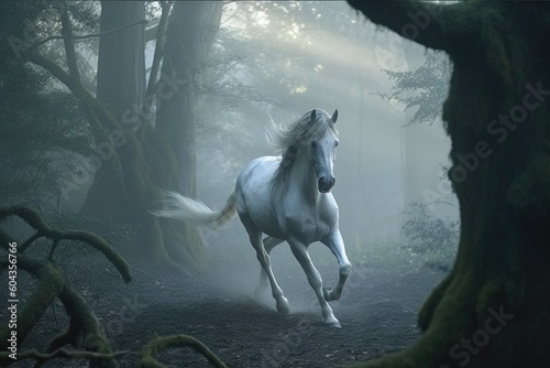 Horse gallop through a misty forest  Ai generated 